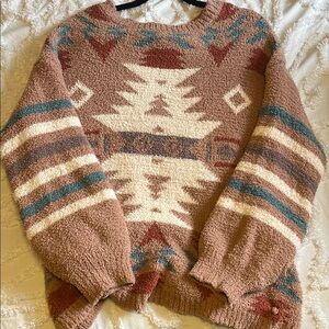 Cream and Brown Crew Neck Sweater with Geometric Pattern